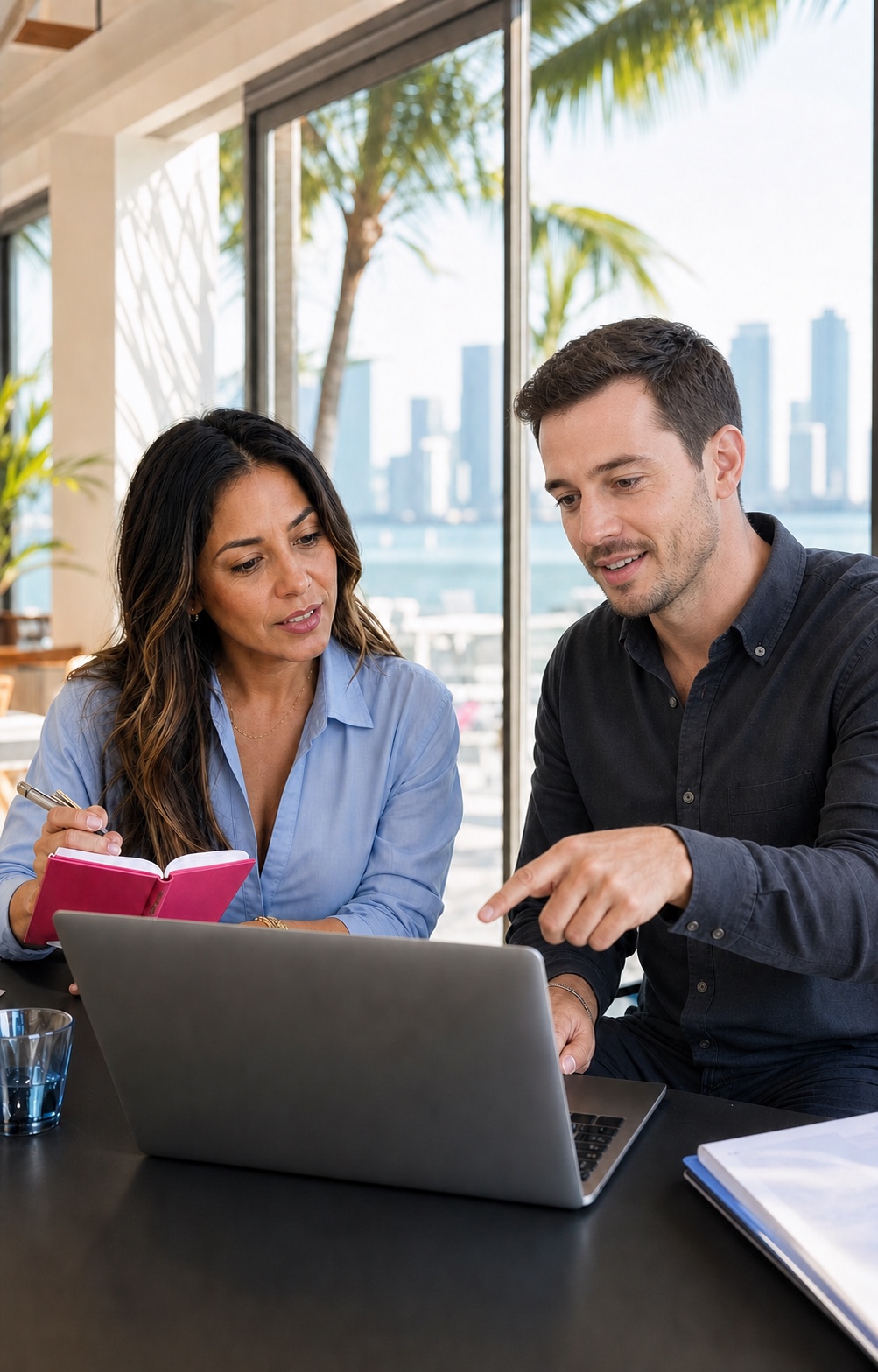Two Miami professionals collaborating at a laptop